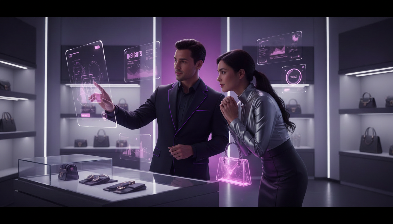 Two users interacting with futuristic insight dashboards, illustrating the moment when engagement peaks in a retail environment.