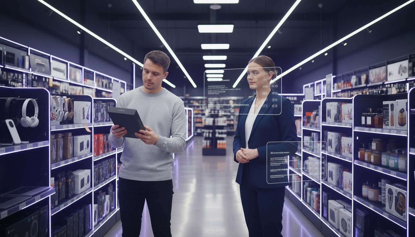 A shopper evaluating a device in an electronics store while a sales assistant recognizes the customer’s critical moment, illustrating how identifying intent at the right time can improve engagement and conversions.