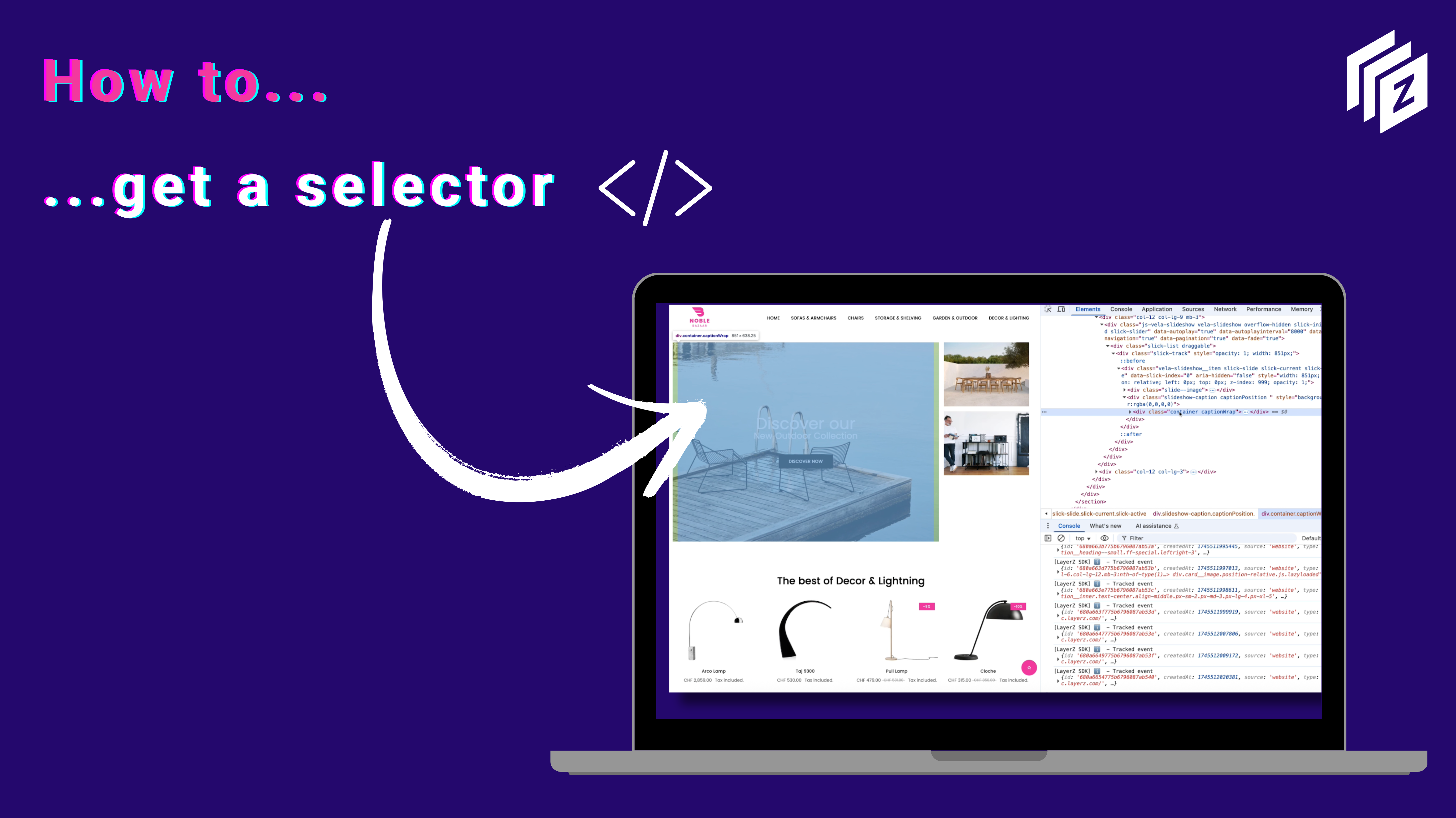 Illustration showing how to get a CSS selector using browser developer tools for LayerZ integrations.