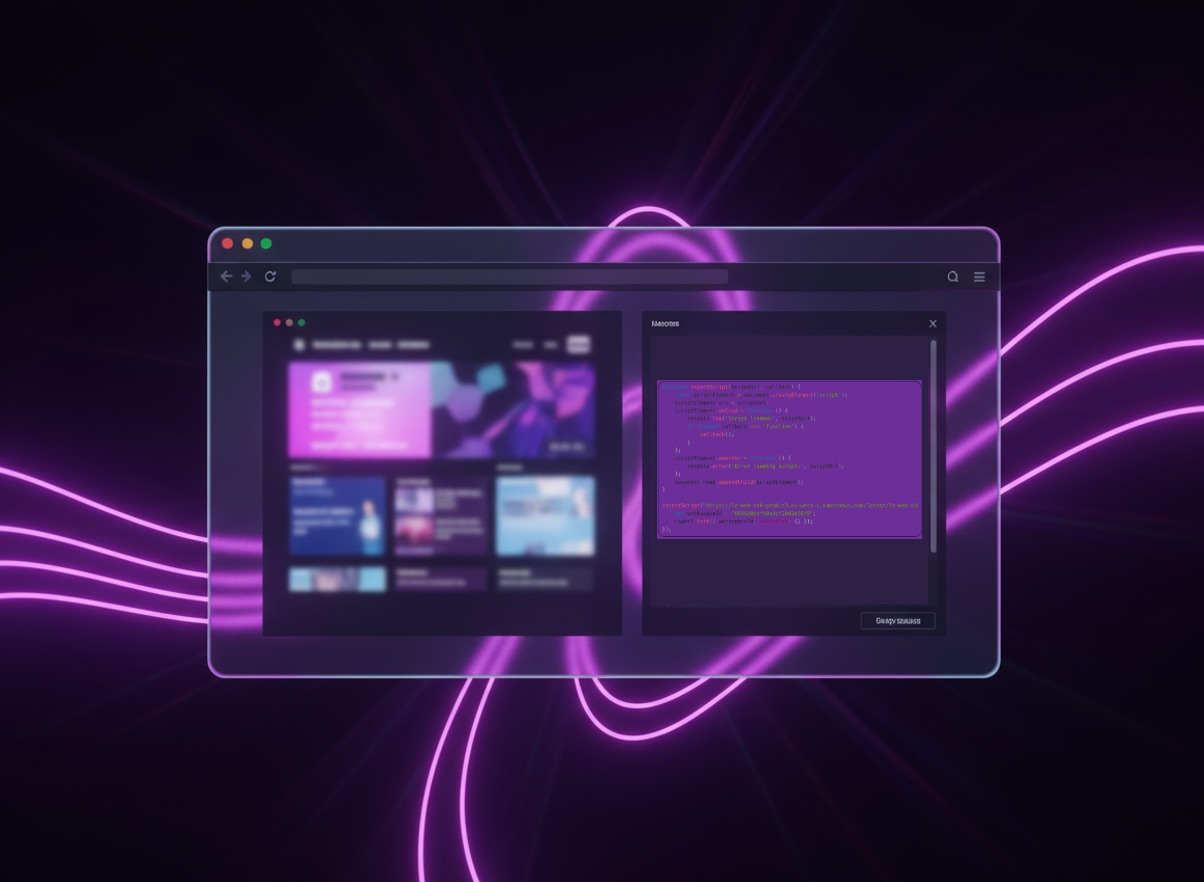 Illustration of running LayerZ in any website using the browser console, displaying a site preview alongside injected JavaScript code.