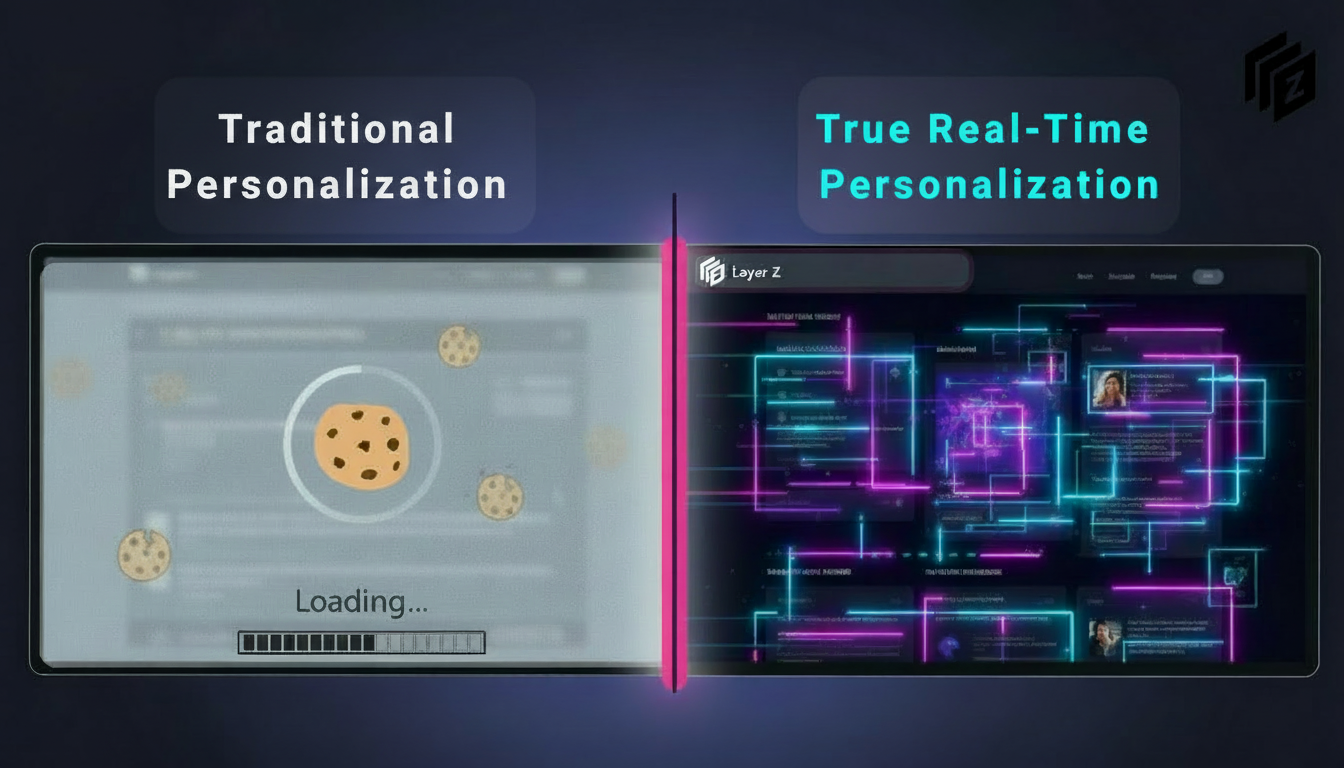 Side-by-side comparison showing outdated cookie-based personalization versus LayerZ’s real-time personalization with dynamic user signals.